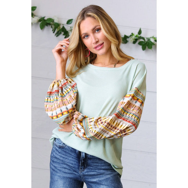 Sage Boho Print Challis Drop Sleeve Top