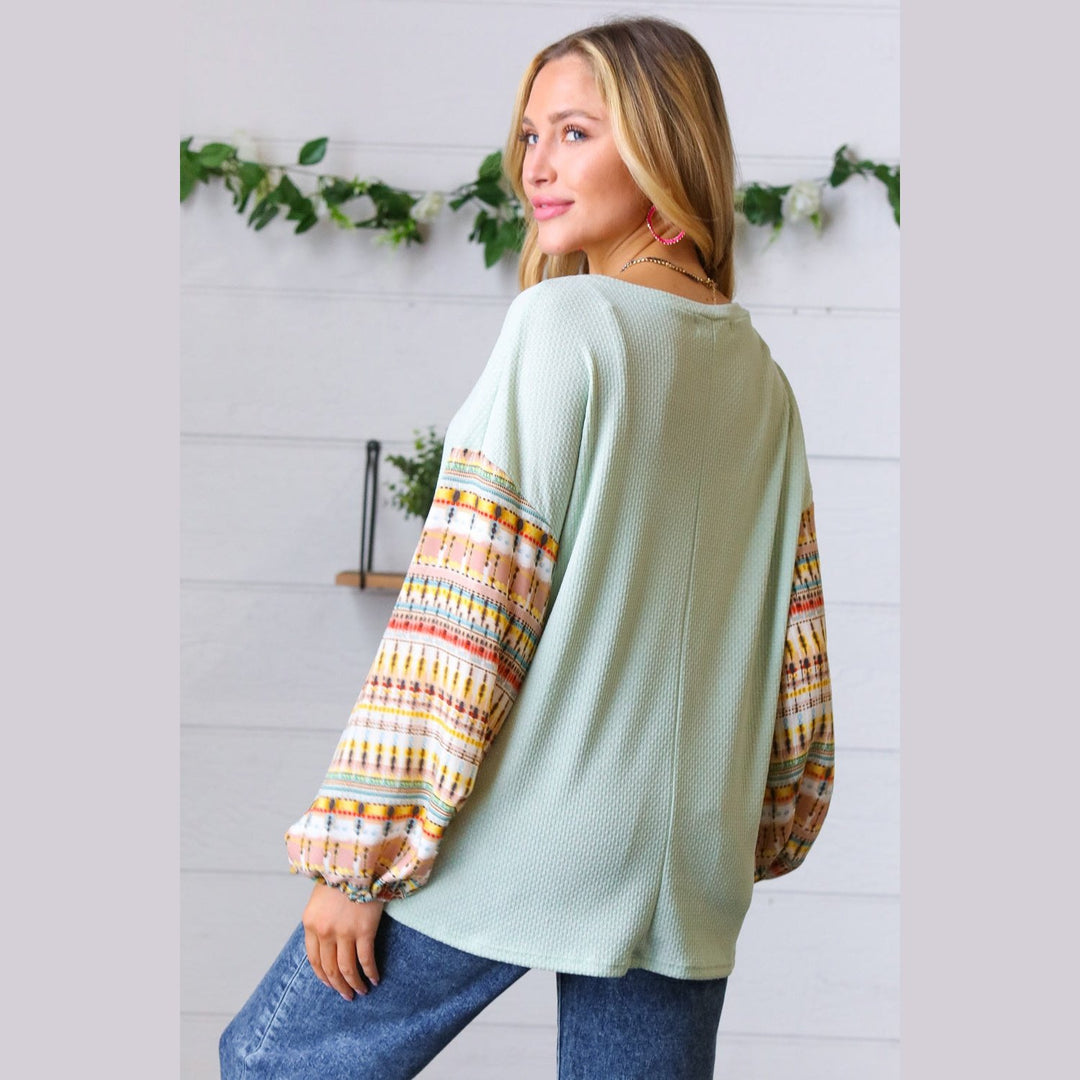 Sage Boho Print Challis Drop Sleeve Top