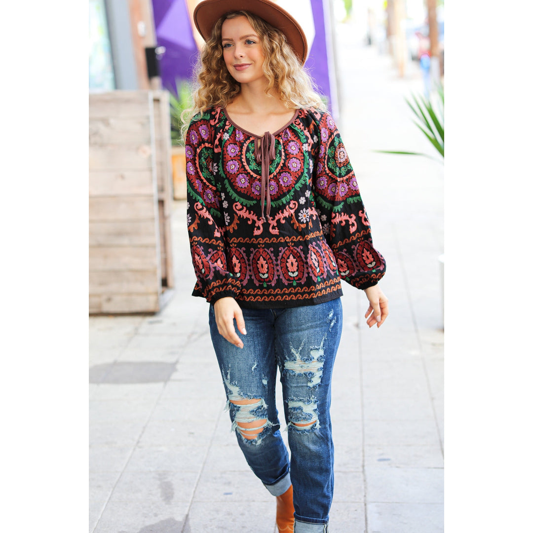 Take The Leap Black & Mauve Border Print Boho Tie Top