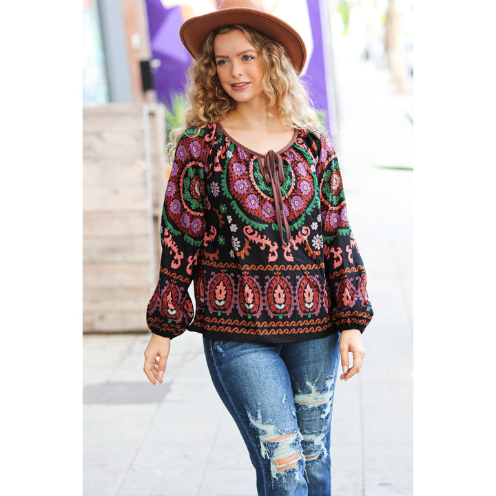 Take The Leap Black & Mauve Border Print Boho Tie Top