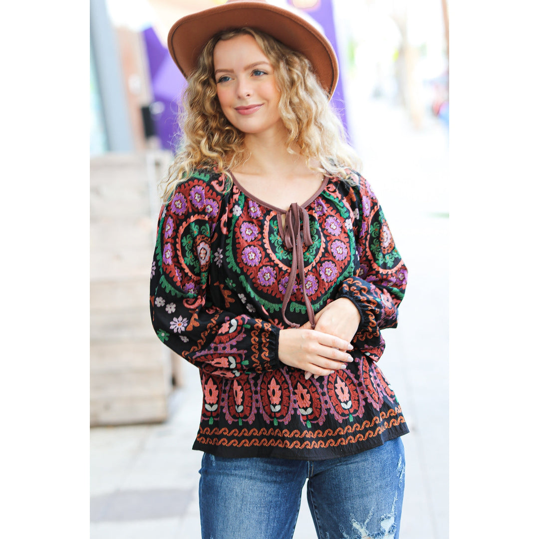 Take The Leap Black & Mauve Border Print Boho Tie Top