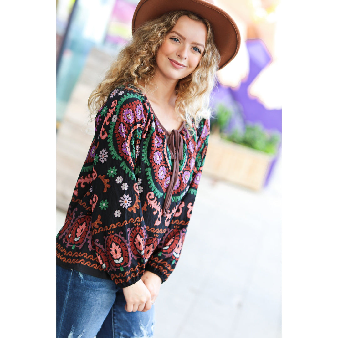 Take The Leap Black & Mauve Border Print Boho Tie Top