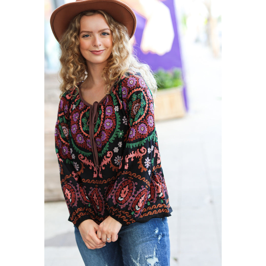 Take The Leap Black & Mauve Border Print Boho Tie Top