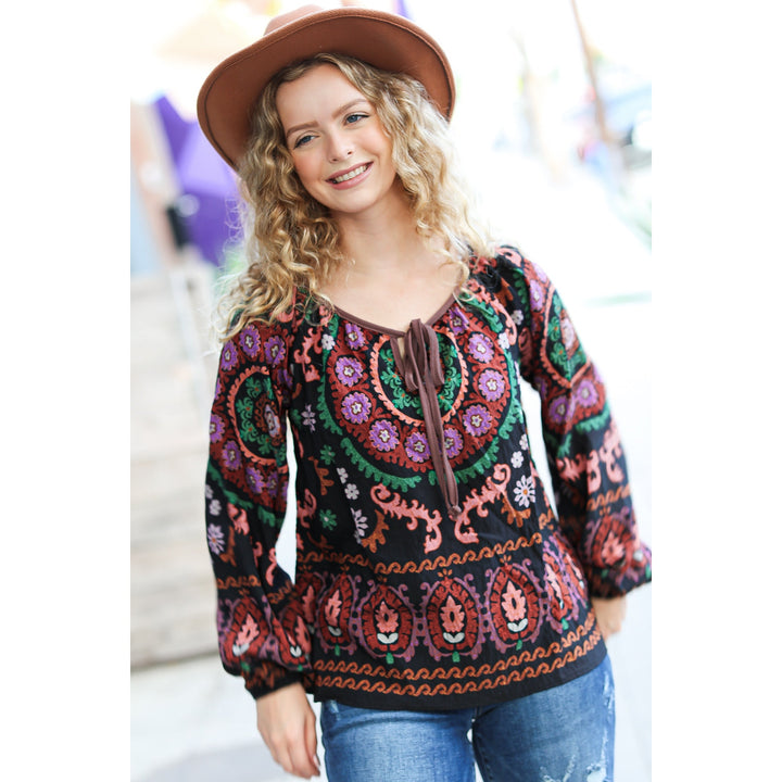 Take The Leap Black & Mauve Border Print Boho Tie Top