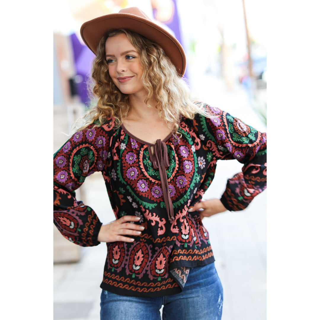 Take The Leap Black & Mauve Border Print Boho Tie Top