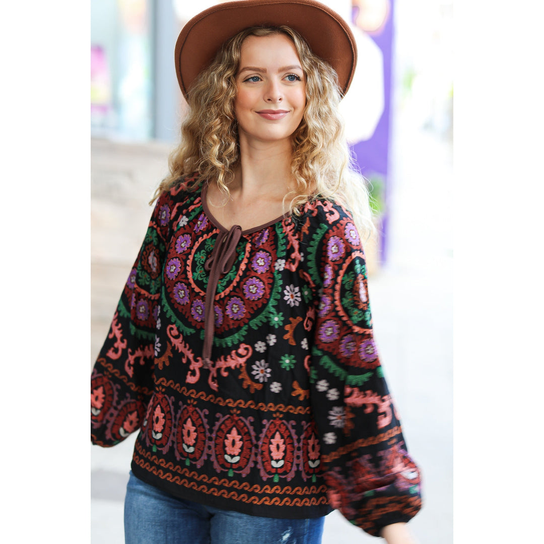 Take The Leap Black & Mauve Border Print Boho Tie Top