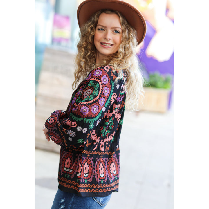 Take The Leap Black & Mauve Border Print Boho Tie Top