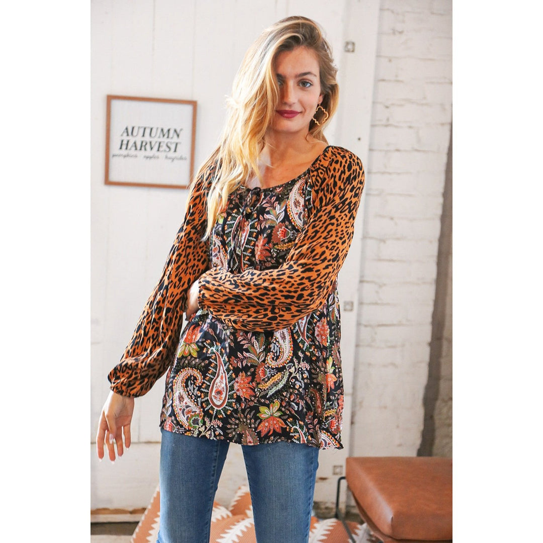 Boho Paisley Leopard Print Front Tie Woven Blouse