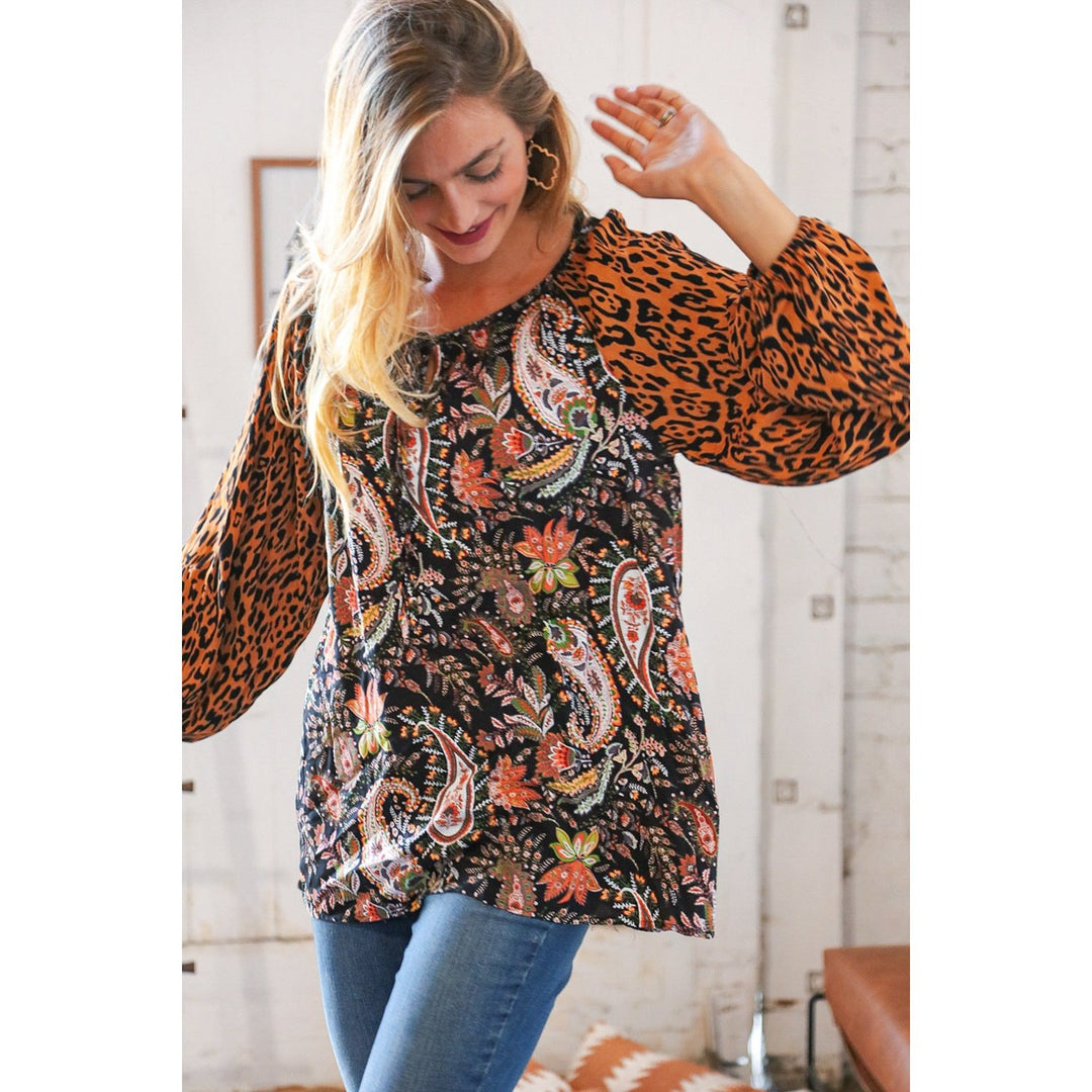 Boho Paisley Leopard Print Front Tie Woven Blouse