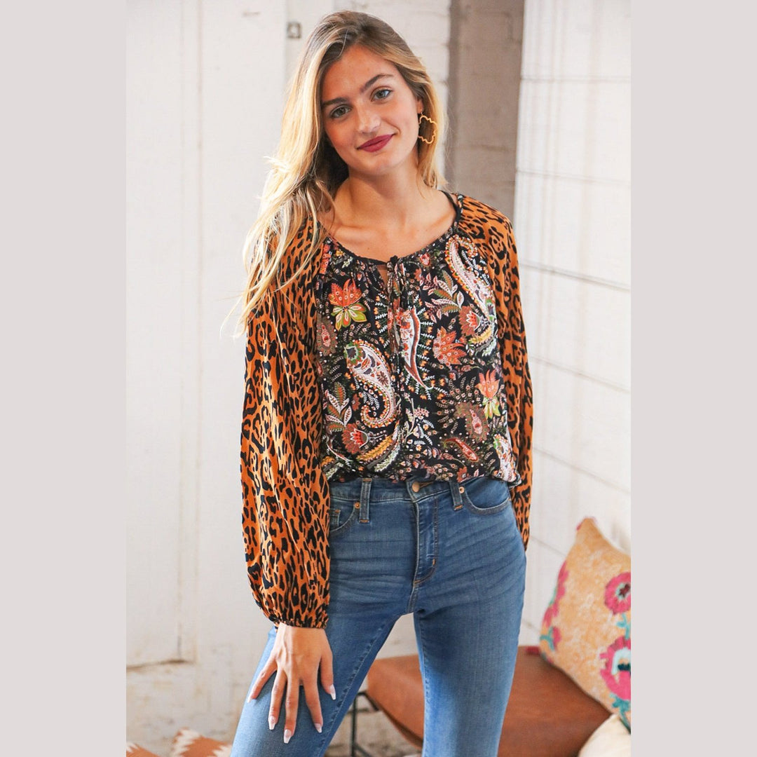 Boho Paisley Leopard Print Front Tie Woven Blouse