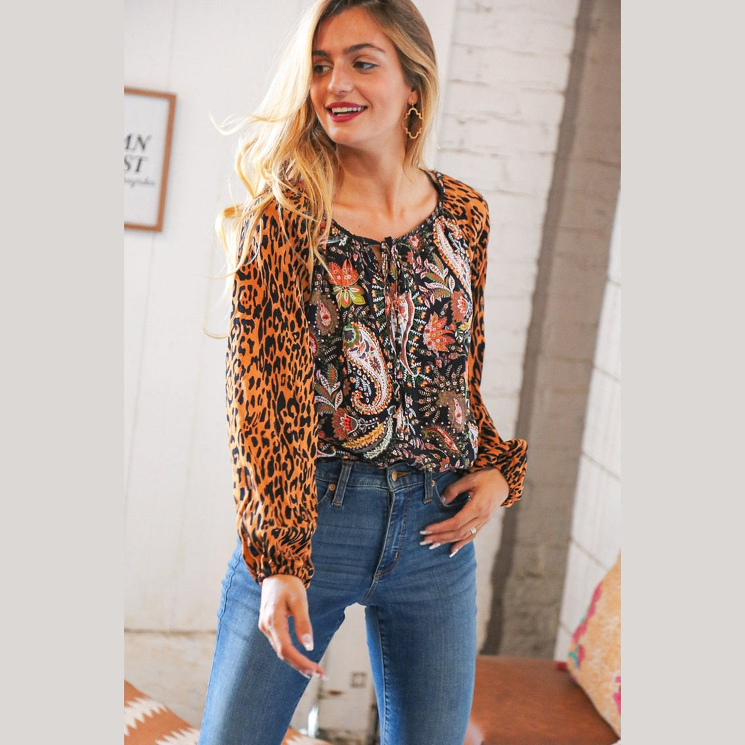 Boho Paisley Leopard Print Front Tie Woven Blouse