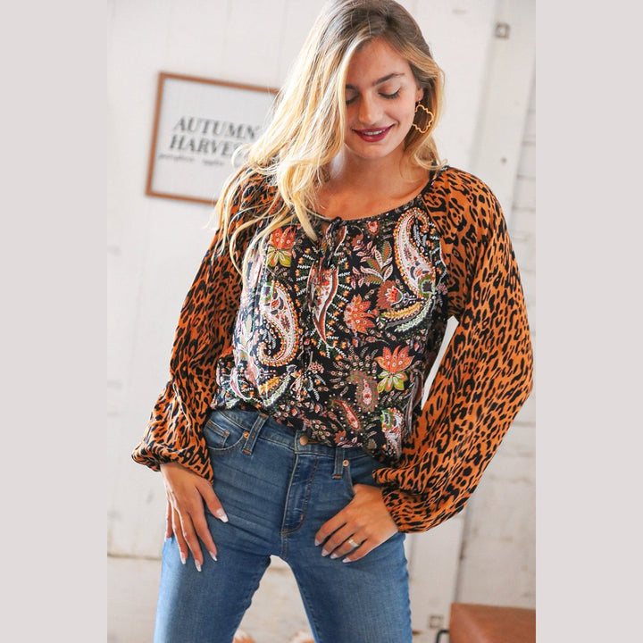 Boho Paisley Leopard Print Front Tie Woven Blouse