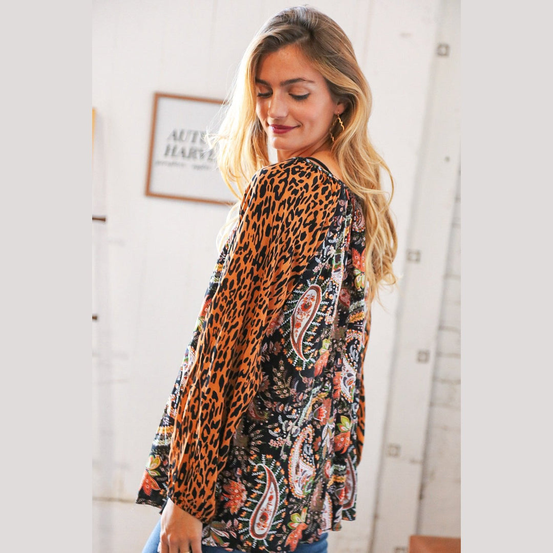 Boho Paisley Leopard Print Front Tie Woven Blouse