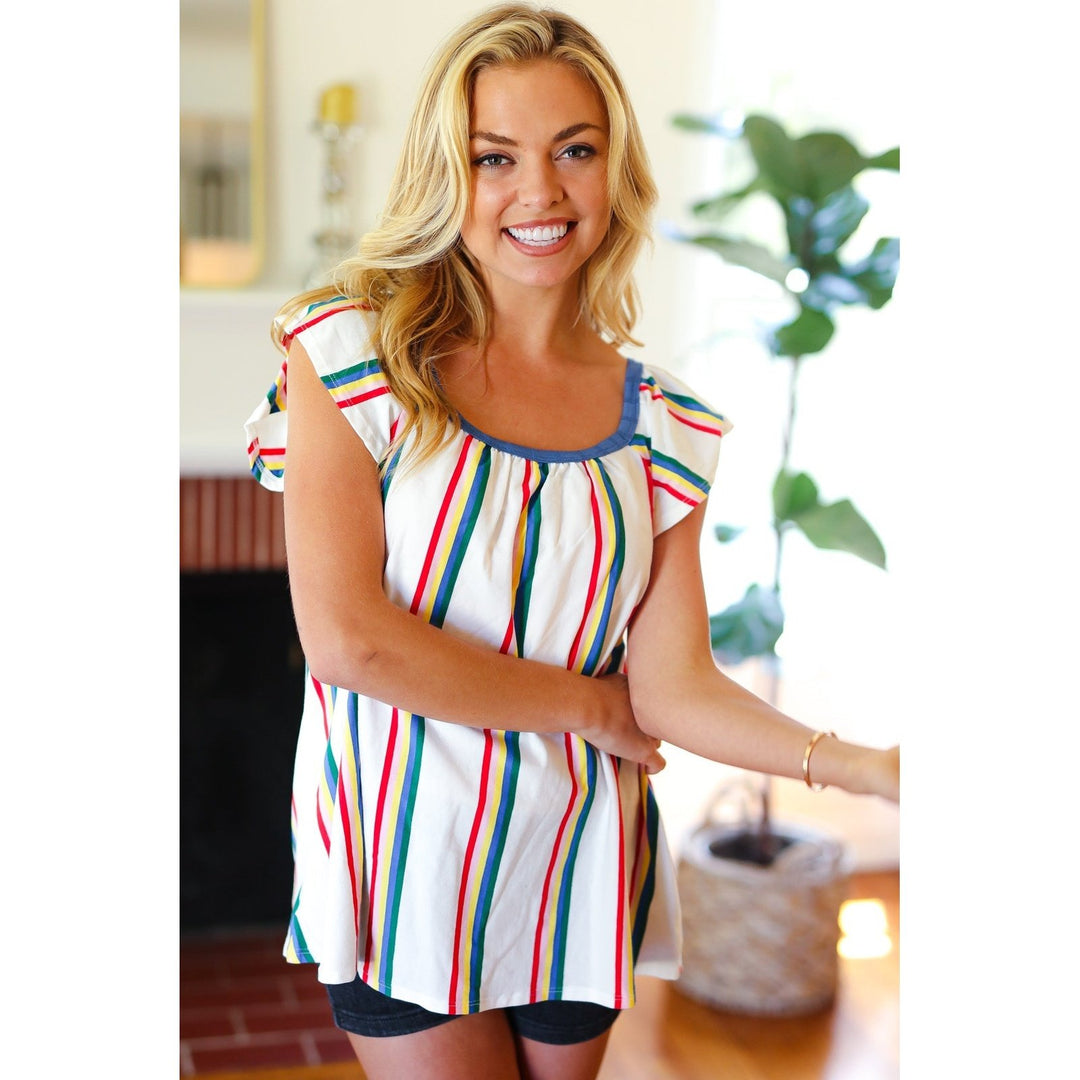 Multicolor Striped Raglan Flutter Sleeve Top