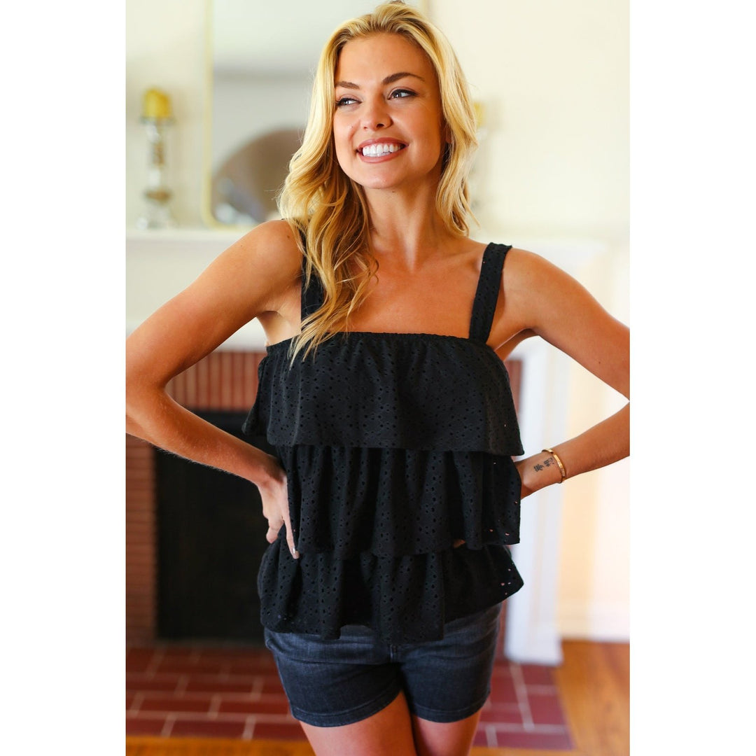 Black Eyelet Tiered Sleeveless Lined Top