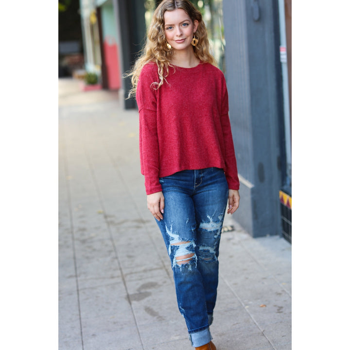 Stay Awhile Red Ribbed Dolman Cropped Sweater