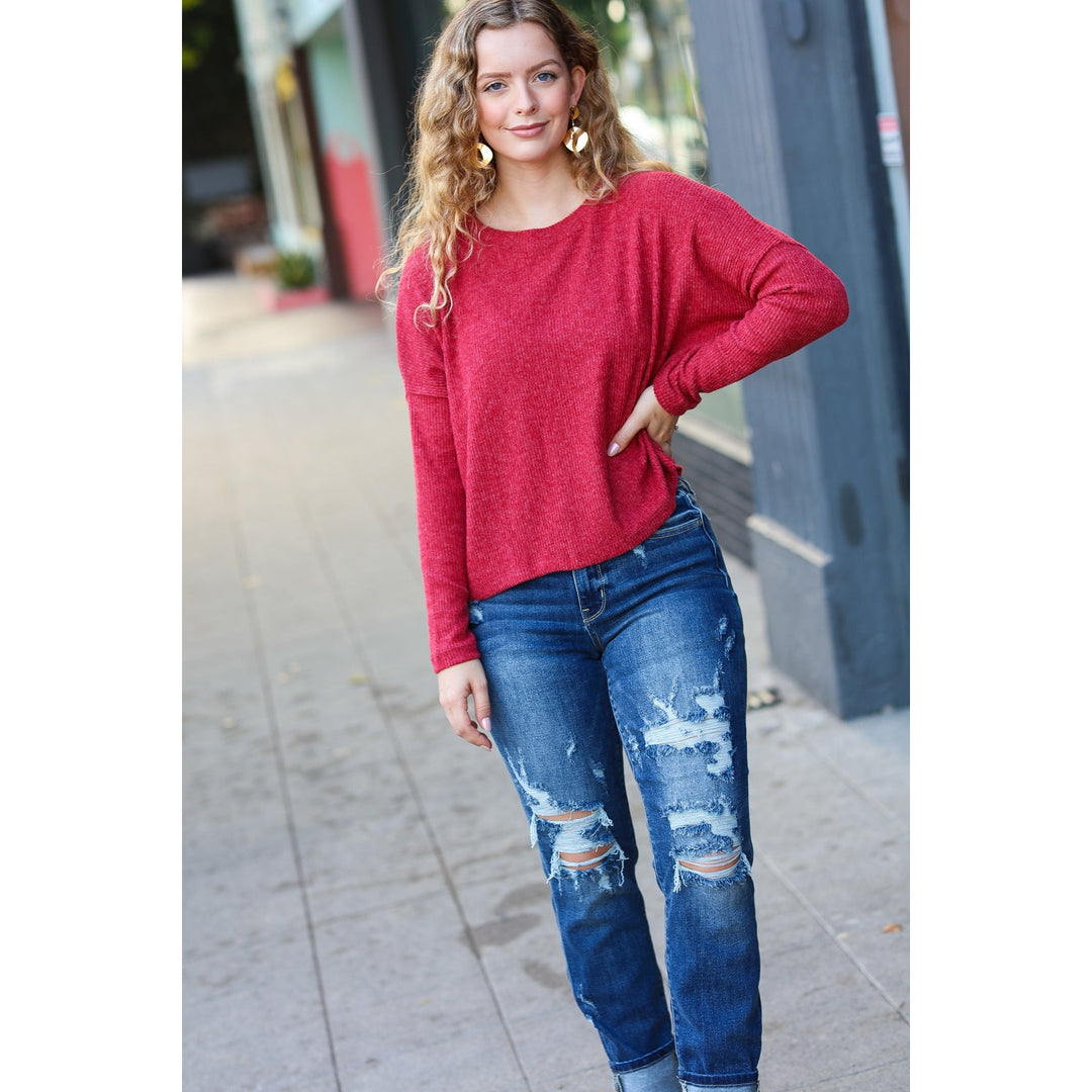 Stay Awhile Red Ribbed Dolman Cropped Sweater