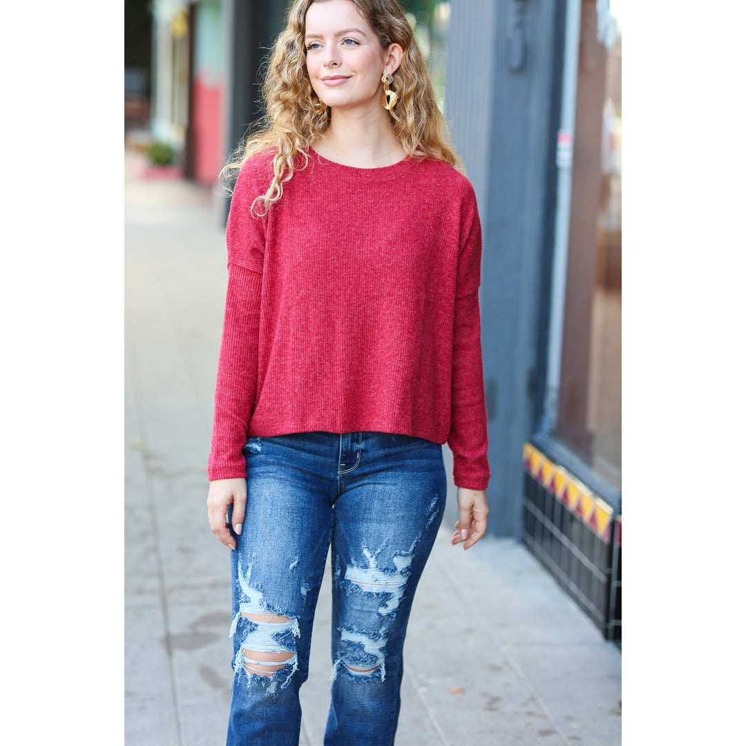 Stay Awhile Red Ribbed Dolman Cropped Sweater