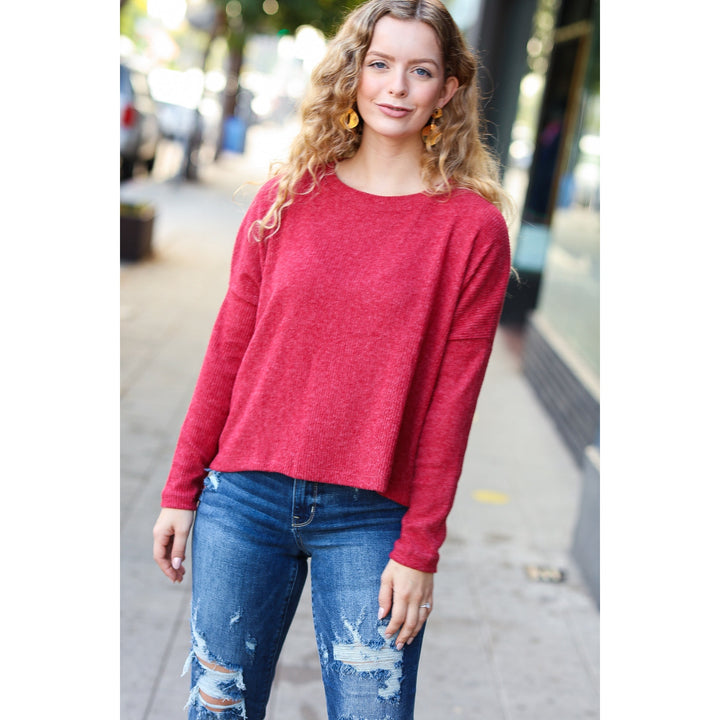 Stay Awhile Red Ribbed Dolman Cropped Sweater