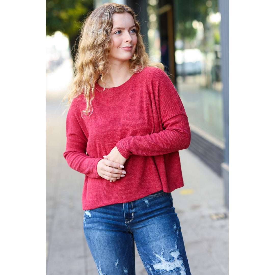 Stay Awhile Red Ribbed Dolman Cropped Sweater