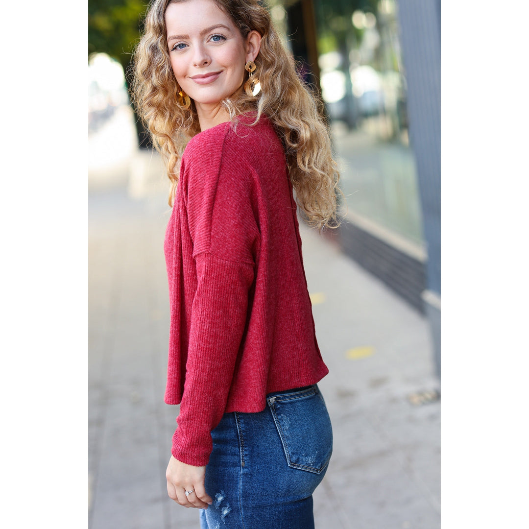 Stay Awhile Red Ribbed Dolman Cropped Sweater