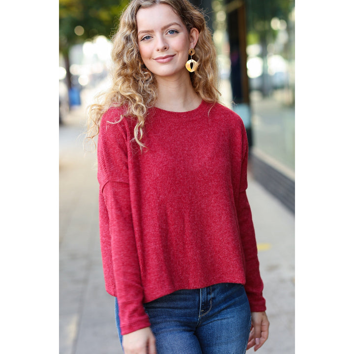 Stay Awhile Red Ribbed Dolman Cropped Sweater