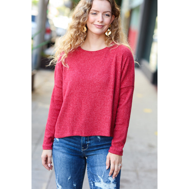 Stay Awhile Red Ribbed Dolman Cropped Sweater