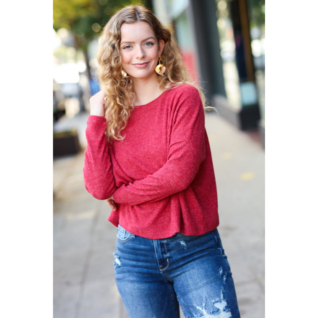 Stay Awhile Red Ribbed Dolman Cropped Sweater