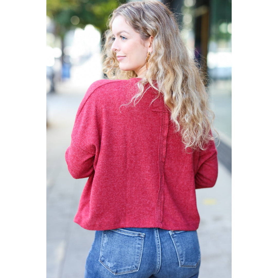 Stay Awhile Red Ribbed Dolman Cropped Sweater