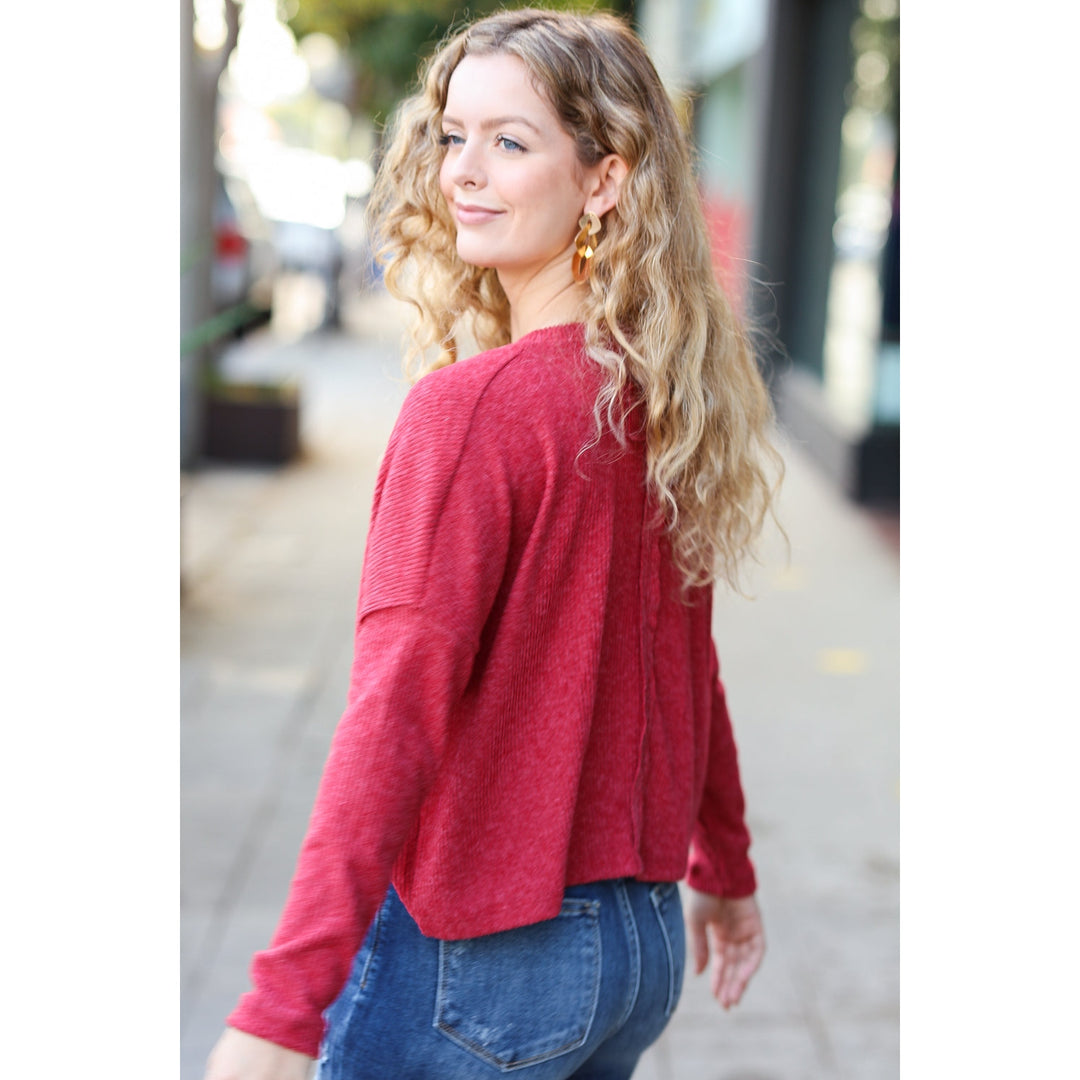 Stay Awhile Red Ribbed Dolman Cropped Sweater