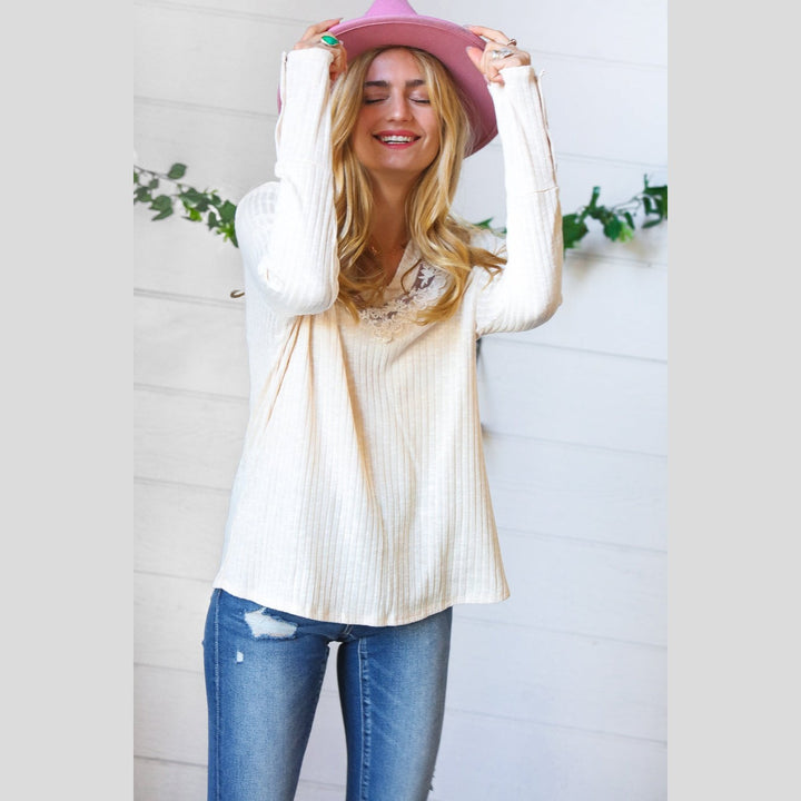 Cream Rib Lace V Neck Button Detail Top