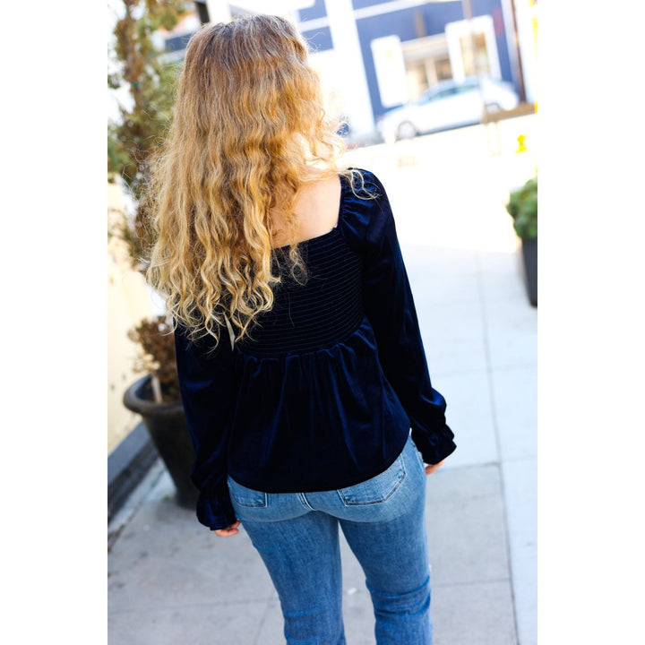 Shine Your Light Navy Crushed Velvet Smocked Ruffle Top