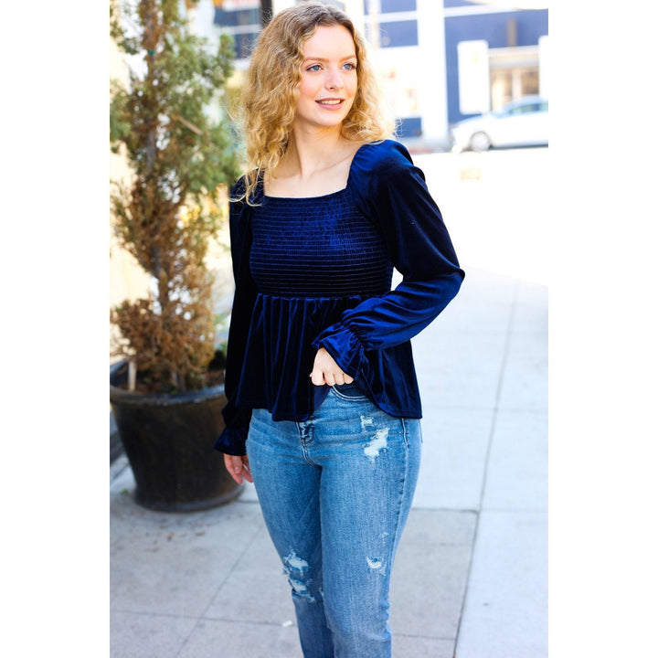 Shine Your Light Navy Crushed Velvet Smocked Ruffle Top