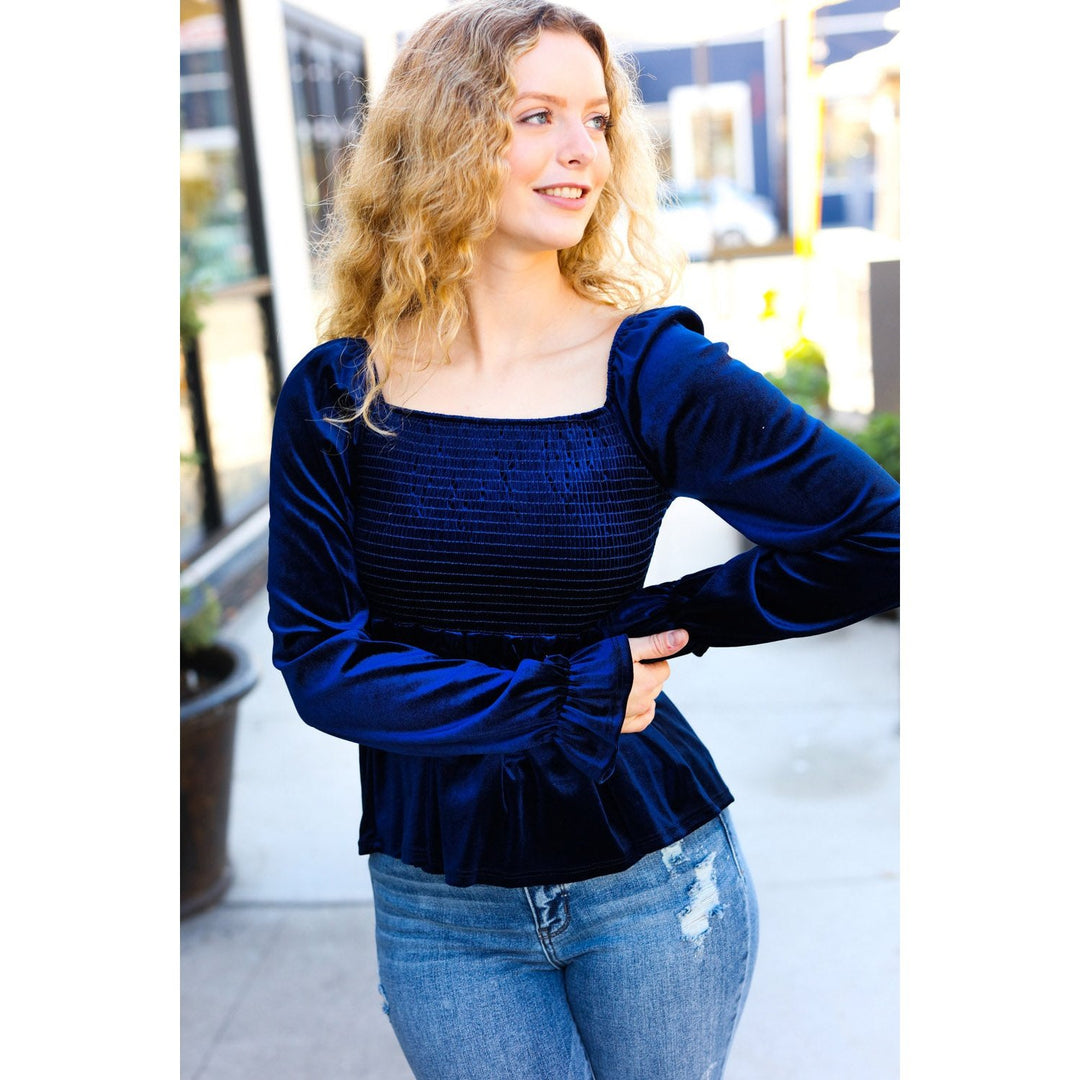 Shine Your Light Navy Crushed Velvet Smocked Ruffle Top