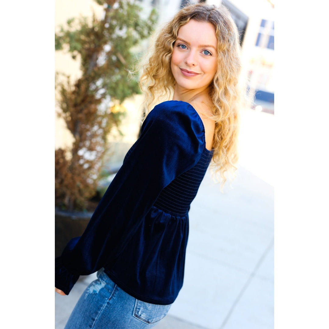 Shine Your Light Navy Crushed Velvet Smocked Ruffle Top