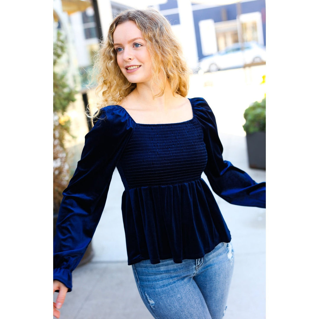 Shine Your Light Navy Crushed Velvet Smocked Ruffle Top