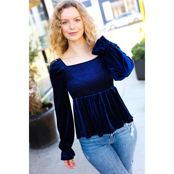 Shine Your Light Navy Crushed Velvet Smocked Ruffle Top