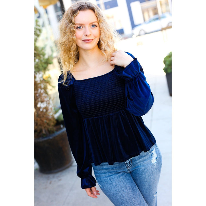 Shine Your Light Navy Crushed Velvet Smocked Ruffle Top