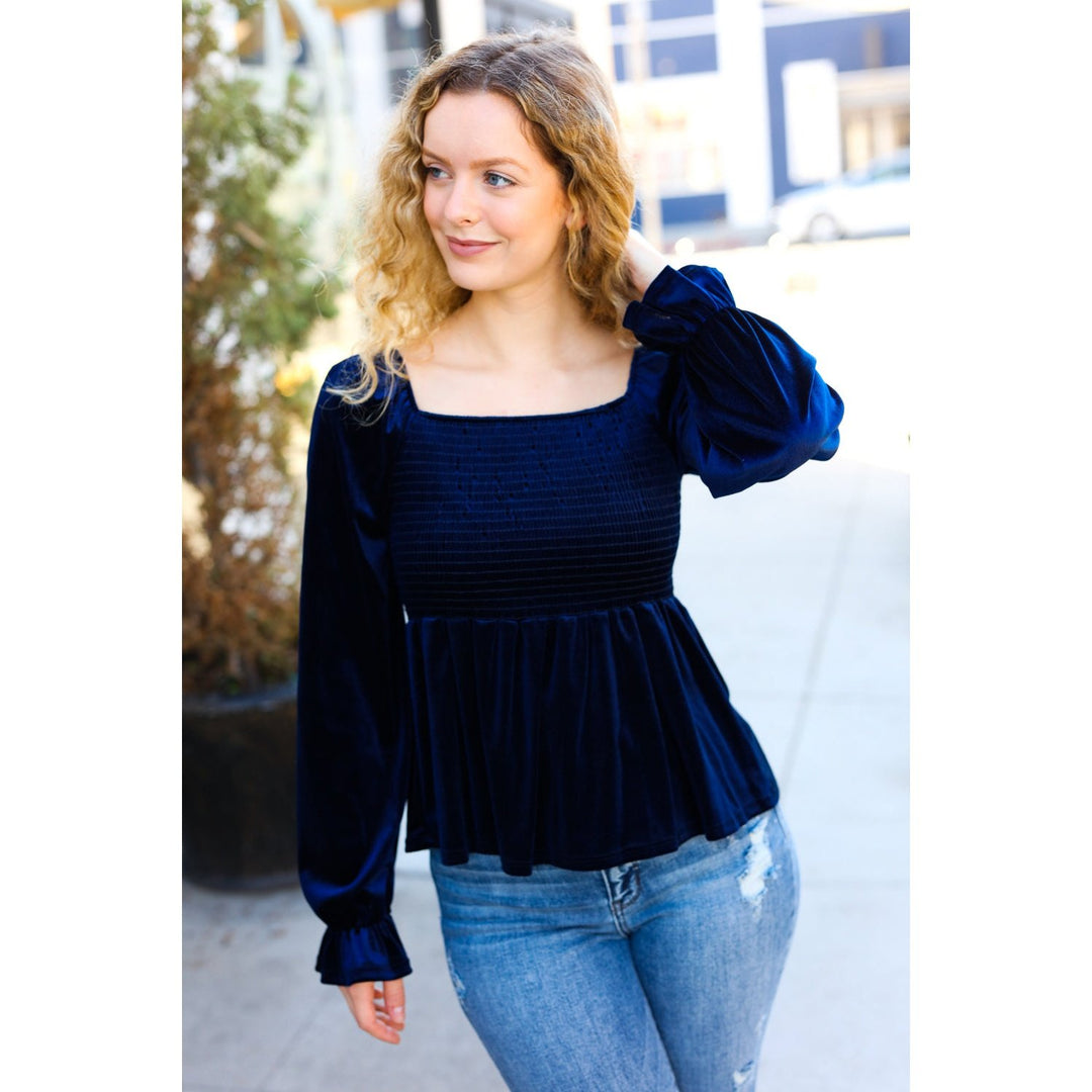 Shine Your Light Navy Crushed Velvet Smocked Ruffle Top