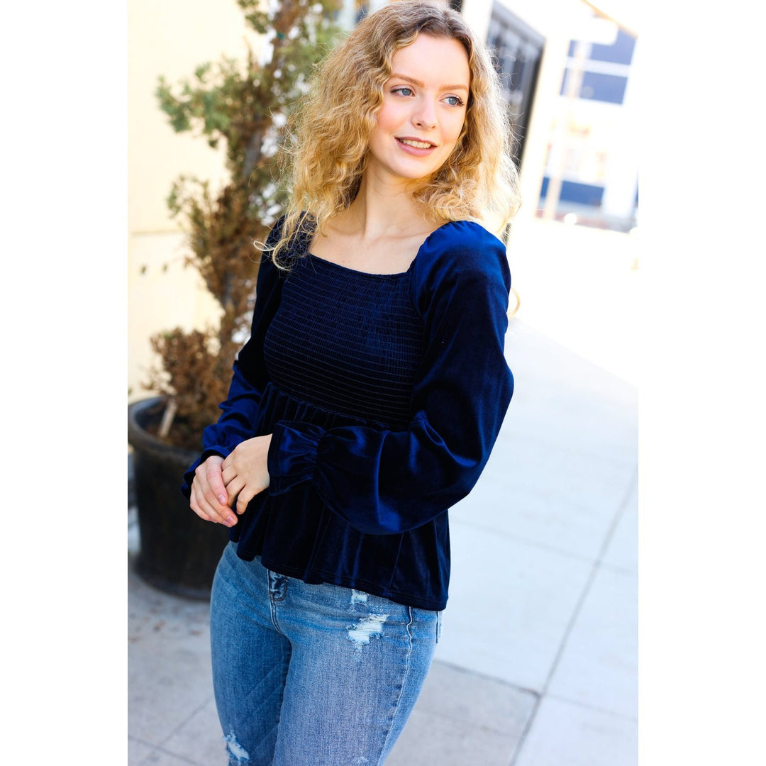 Shine Your Light Navy Crushed Velvet Smocked Ruffle Top