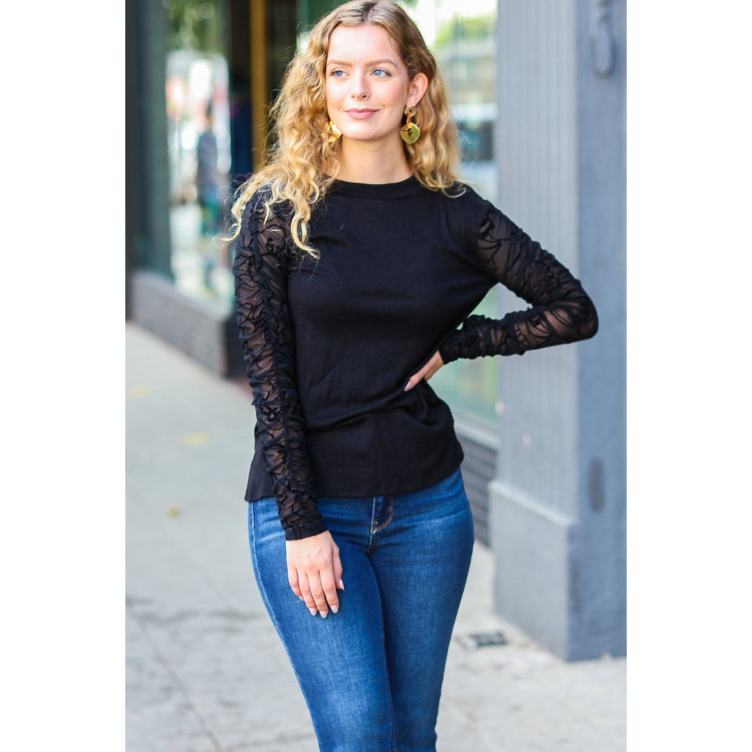 Can't Help But Love Black Shirred Velvet Mesh Blouse