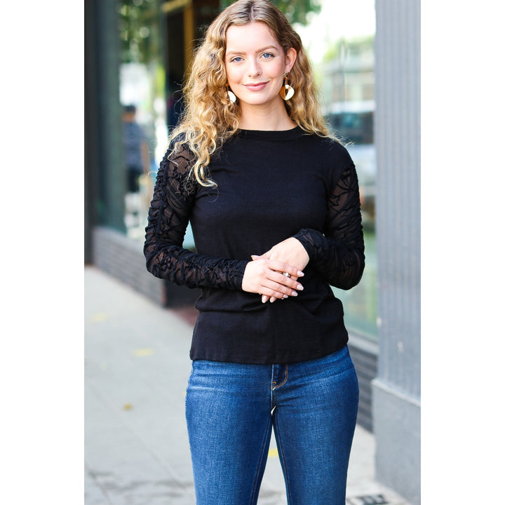 Can't Help But Love Black Shirred Velvet Mesh Blouse