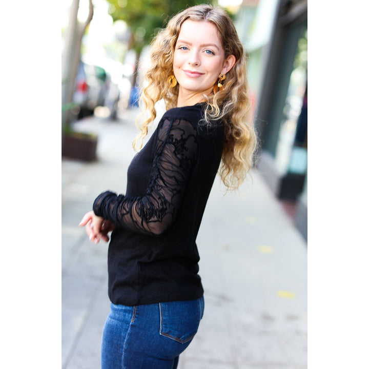 Can't Help But Love Black Shirred Velvet Mesh Blouse