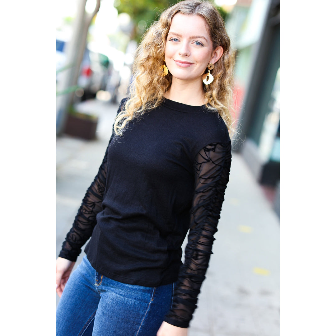 Can't Help But Love Black Shirred Velvet Mesh Blouse