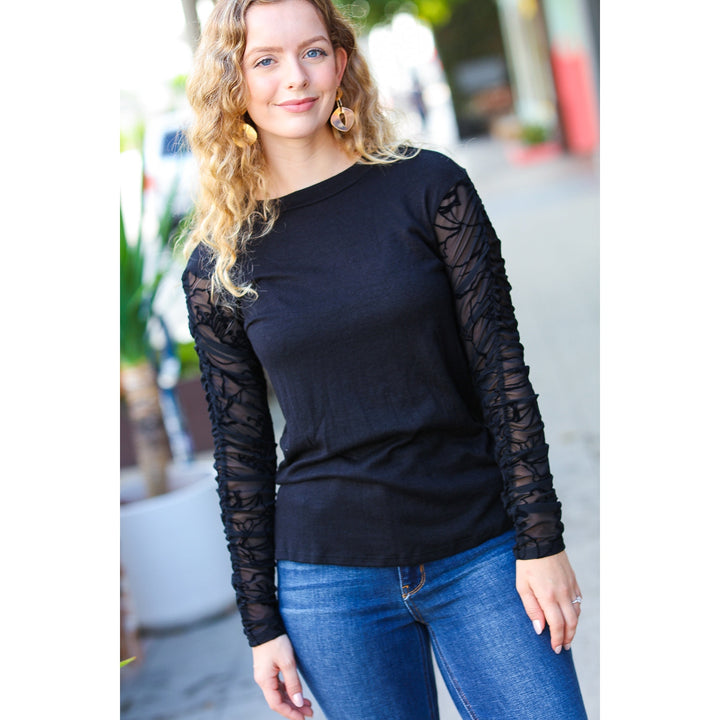 Can't Help But Love Black Shirred Velvet Mesh Blouse