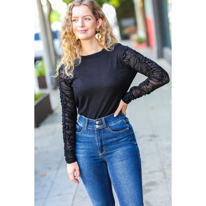 Can't Help But Love Black Shirred Velvet Mesh Blouse