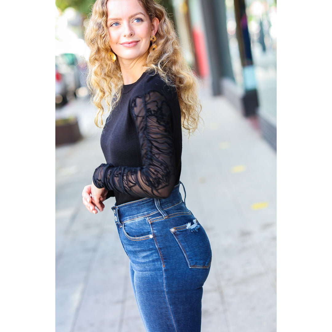 Can't Help But Love Black Shirred Velvet Mesh Blouse