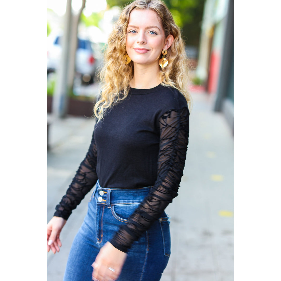 Can't Help But Love Black Shirred Velvet Mesh Blouse