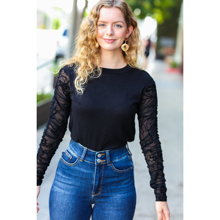 Can't Help But Love Black Shirred Velvet Mesh Blouse