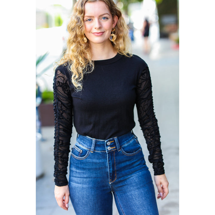 Can't Help But Love Black Shirred Velvet Mesh Blouse